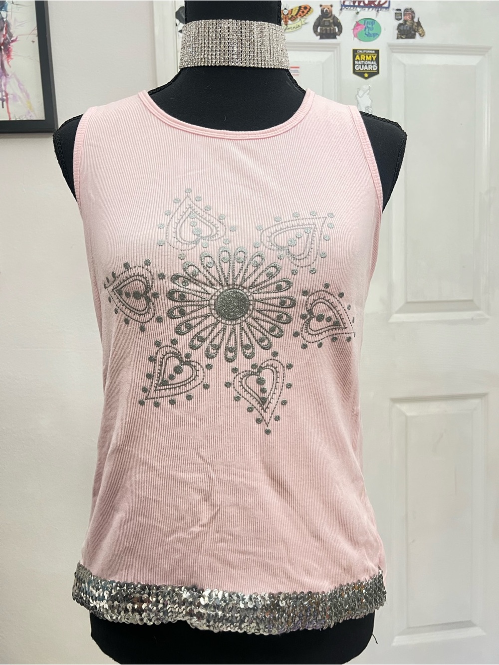 Xhilaration Light Pink Tank Top with Silver Sequin Trim and Silver Motif